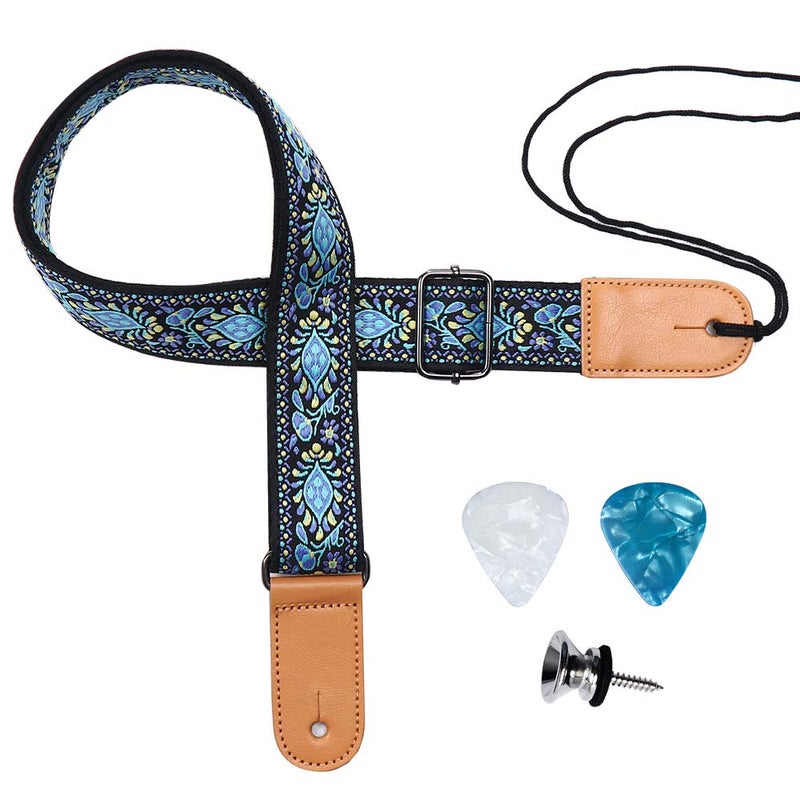 Eyeshot Ukulele Strap, Hawaiian Jacquard Blue Flower Ukelele Shoulder Strap, Suitable for Soprano Concert Tenor Baritone String Instruments - Image 1